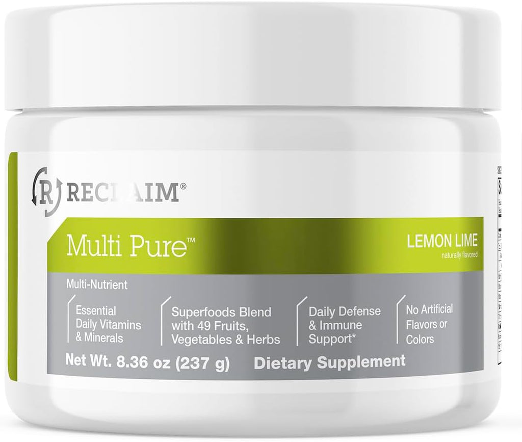 Reclaim Multi Pure Lemon Lime, Immune Support, Vitamin C, Vitamin B Complex, Probiotic, Superfood Powder, Calcium, Magnesium Oxide, (30 Servings) (Lemon Lime)