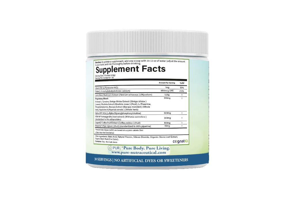 PURE® Healthy Brain Nootropic Powder - 30 Servings - 1.25g Lion’s Mane, 600mg Alpha-GPC & KSM-66® Ashwagandha - Cognitive Support for Memory, Focus & Stress Relief - 144 Grams, Mango Flavor!