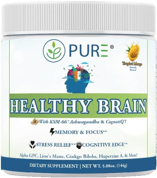 PURE® Healthy Brain Nootropic Powder - 30 Servings - 1.25g Lion’s Mane, 600mg Alpha-GPC & KSM-66® Ashwagandha - Cognitive Support for Memory, Focus & Stress Relief - 144 Grams, Mango Flavor!