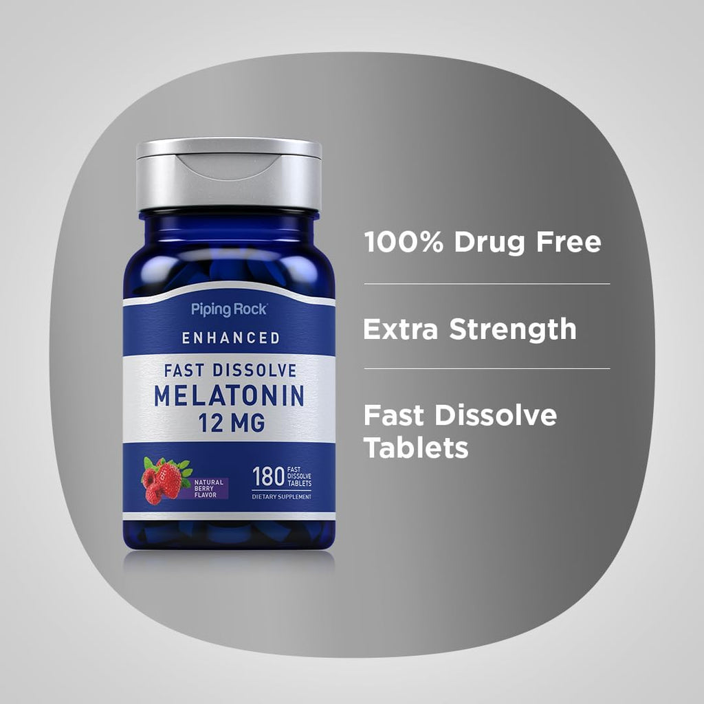 Piping Rock Melatonin 12 mg | 180 Fast Dissolve Tablets | Berry Flavor | Non-GMO, Gluten Free Supplement