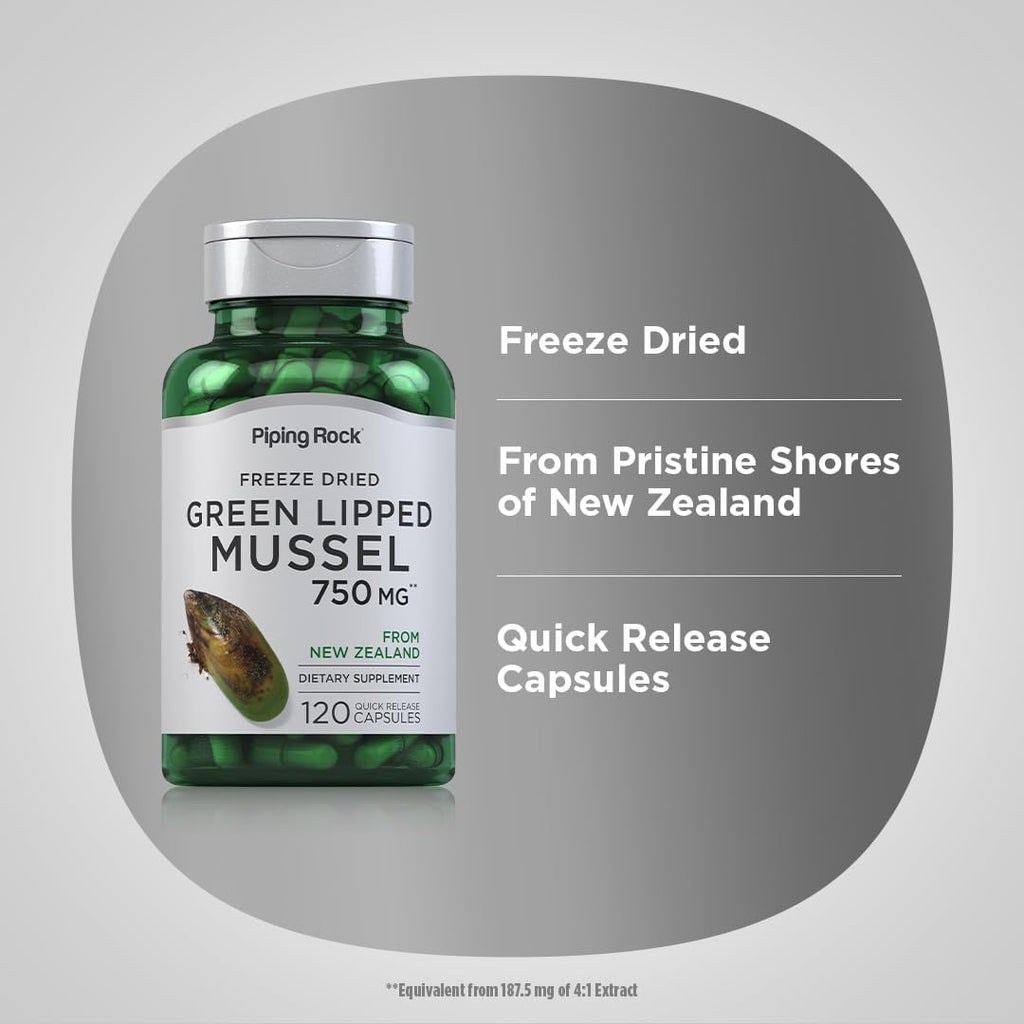 Piping Rock Green Lipped Mussel | 120 Capsules | Supplement for Humans | Freeze Dried from New Zealand | Non-GMO, Gluten Free