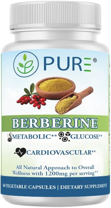PURE® Berberine Supplement, 1200mg, Metabolic, Glucose, Cardio, 60 Capsules, 30 Servings, 1-Month Supply, Plant-Based Dietary Supplement