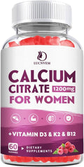 Calcium Gummies for Women, Calcium Citrate 1200 mg with Vitamin D3 K2 B12 | High Absorption Calcium Citrate Supplement for Digestion Bone & Teeth Support, Sugar Free Raspberry Flavor, 30 Day Supply