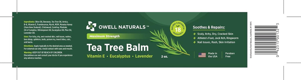 Owell Naturals Tea Tree Antifungal Balm – Extra Strength for Athlete’s Foot, Jock Itch, Ringworm & Skin Fungus – Soothing for Itchy, Dry, Cracked Skin, Feet & Body, 2 oz