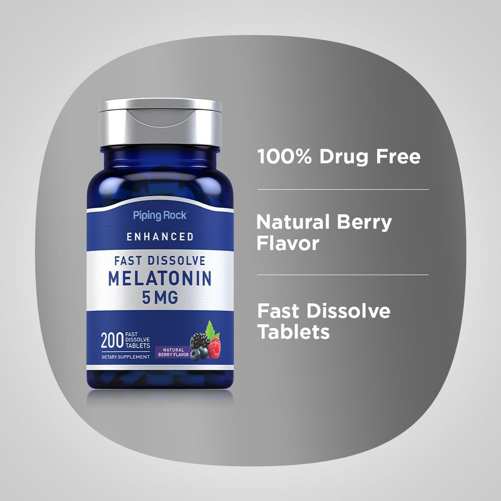 Piping Rock Melatonin 5mg | 200 Fast Dissolve Tablets | Berry Flavor | Adult Supplement | Vegetarian, Non-GMO, Gluten Free Formula