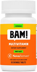NovaFerrum BAM Chewable Multivitamin for Kids & Adults Ages 4 and Above - Fruit Blast Flavor - 60 Chewable Tablets - with Vitamins A, C, D, E, B6, B12, Biotin, Zinc, Selenium & Manganese