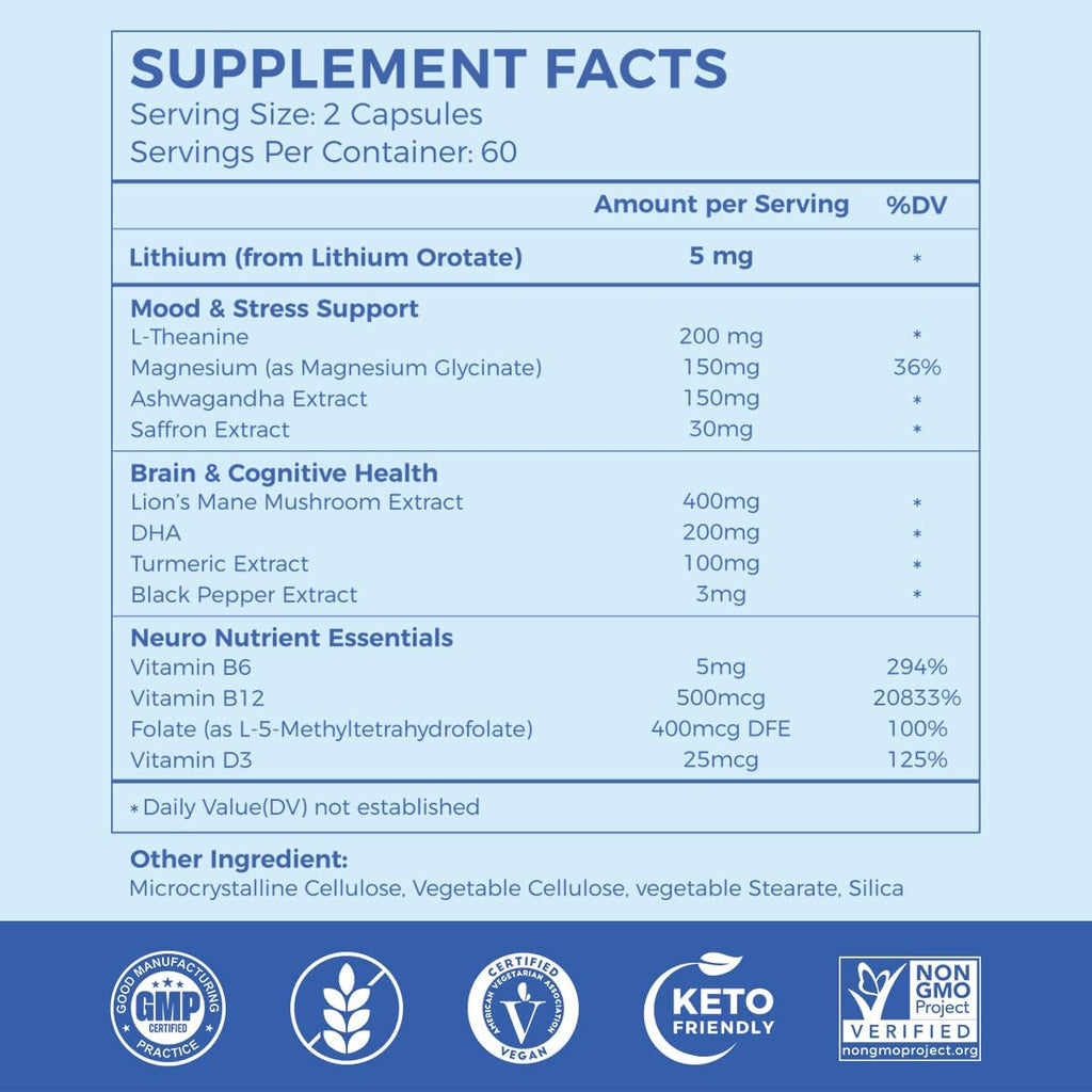 AiVital™ Lithium Orotate 5mg, 13-in-1 Lithium Supplement with Magnesium Glycinate, L-theanine & DHA for Daily Balance, Focus & Clarity, Low-Dose Formula, Non-GMO, Gluten Free, Vegan, 120 Capsules