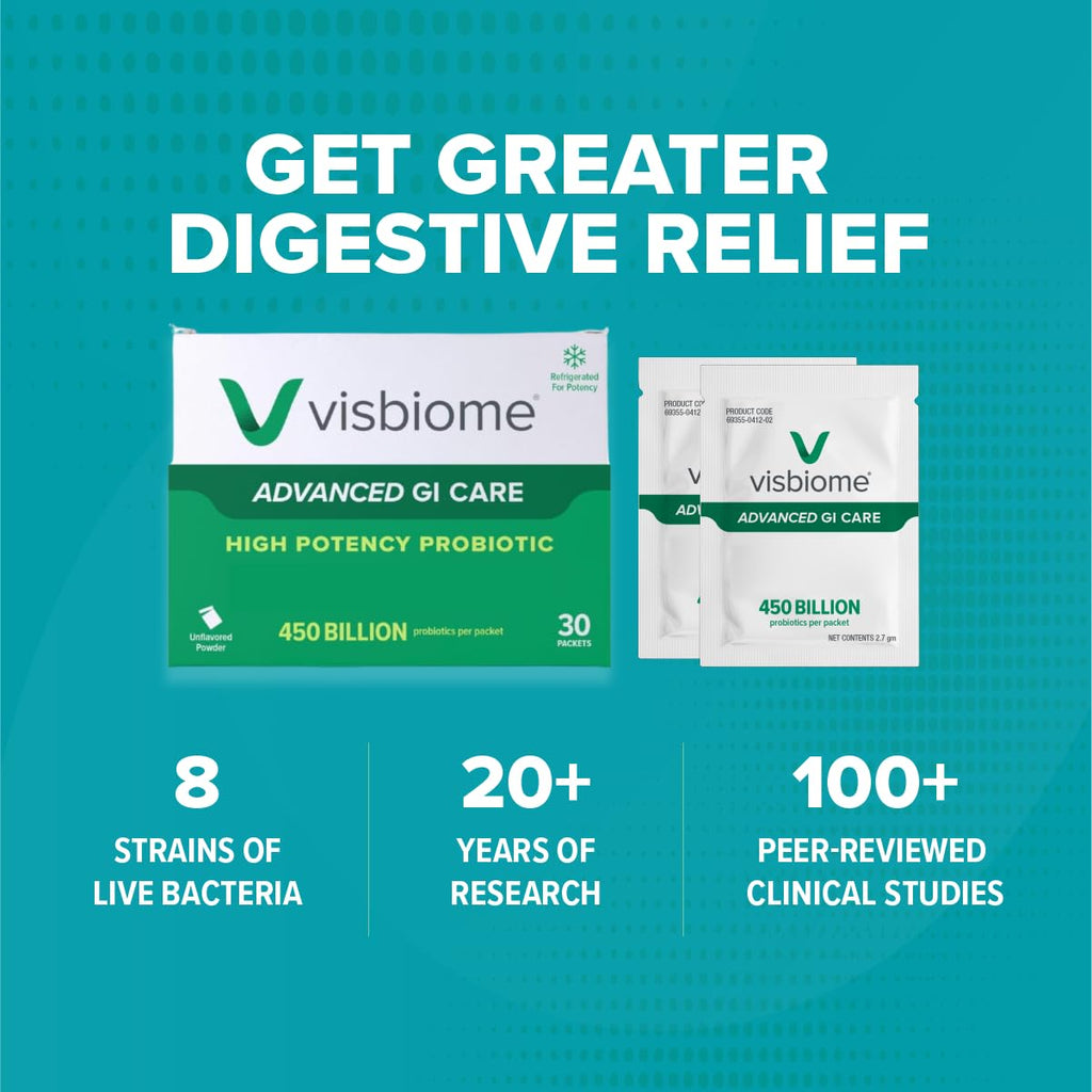 Visbiome® Advanced GI Care High Potency Probiotic, 450B CFU, 30 Packets | Original De Simone Formulation®, Multi-Strain, Refrigerated Probiotics, Low FODMAP Certified, Gluten-Free, Made in USA