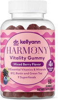 Dr. Kellyann Harmony Vitality Gummies | Mixed Berry | B12, Biotin, Green Tea, Prebiotic Fiber & Superfoods | Vegan, Non-GMO, Gluten-Free | 60 Gummies