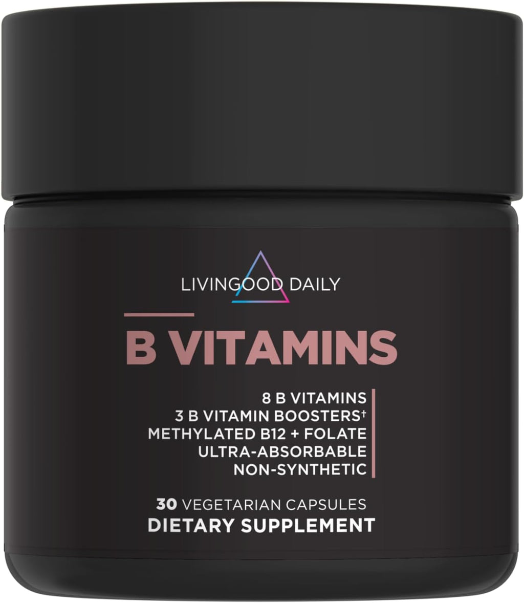 Livingood Daily Vitamin B Complex Capsules for Men and Women, Methylated B12 & Folate, 11 Active Forms Including B1 B2 B3 B5 B6 & Biotin, Gluten Free, Vegan B Vitamins for Hair Skin Nails, 30 Capsules