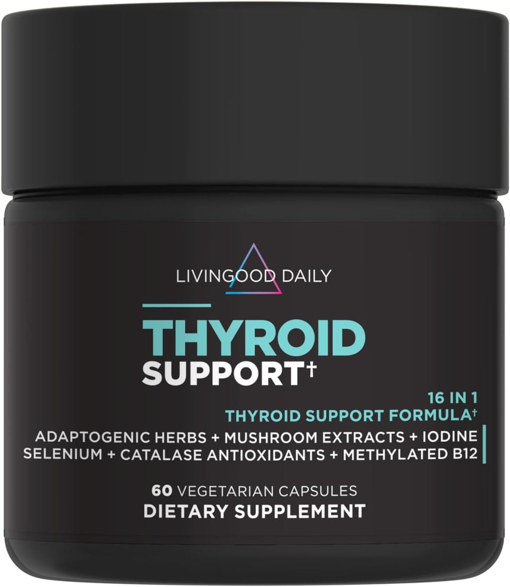 Livingood Daily Thyroid Support Supplement, 16-in-1 Wellness Blend with Adaptogenic Herbs, Iodine, Magnesium and Selenium, Thyroid Support for Women & Men, Vegetarian Capsules, Gluten Free, 60 Count
