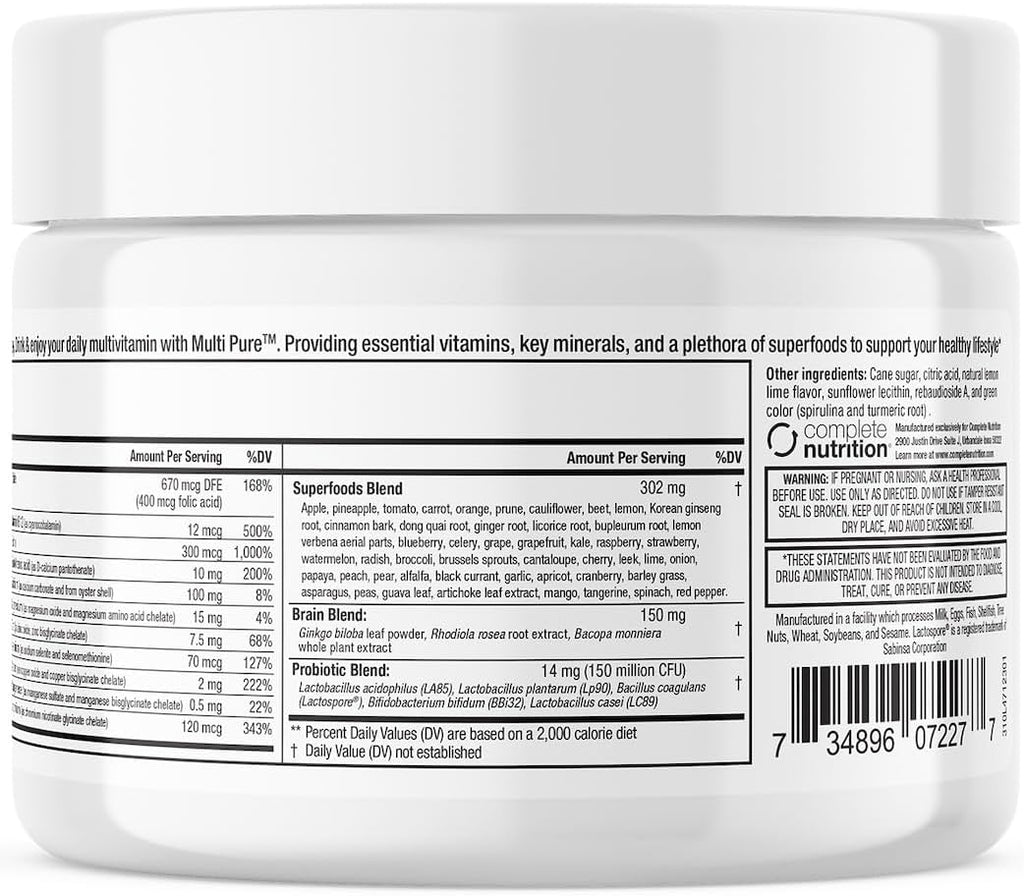 Reclaim Multi Pure Lemon Lime, Immune Support, Vitamin C, Vitamin B Complex, Probiotic, Superfood Powder, Calcium, Magnesium Oxide, (30 Servings) (Lemon Lime)