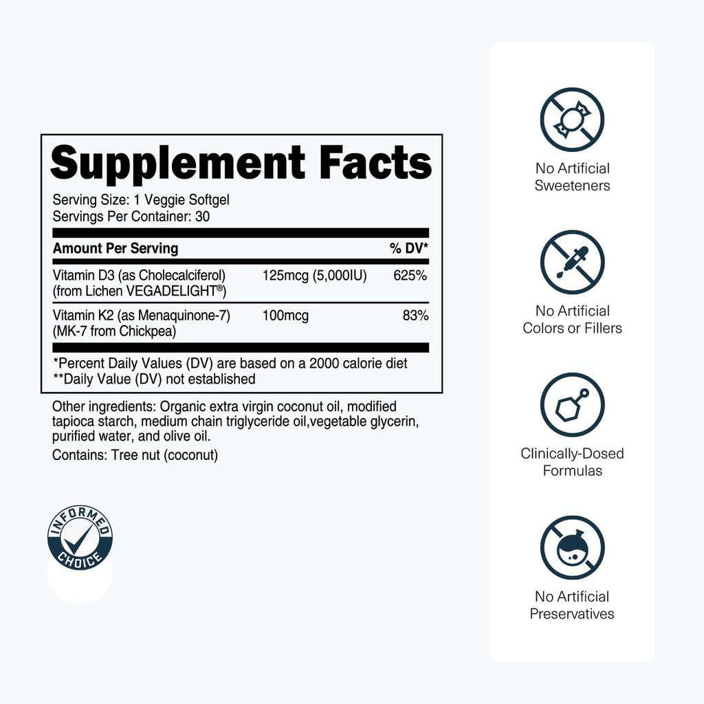 Transparent Labs Vitamin D3 K2 - Vitamin D & K2 Vitamin Supplement for Men & Women, Vegan-Friendly D3K2 5000 IU Supplements to Support Bone, Immune, and Overall Health - K2 D3 60 Capsules
