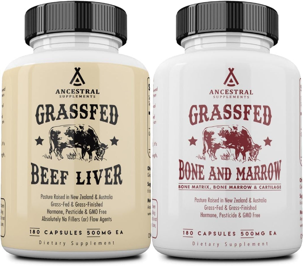 Ancestral Supplements Grass-Fed Beef Liver & Bone Marrow Capsules, 3000mg, Supports Energy, Digestion, Immunity, Skin, Oral Health, Joint Wellness, Non-GMO, Freeze-Dried, 180 Capsules