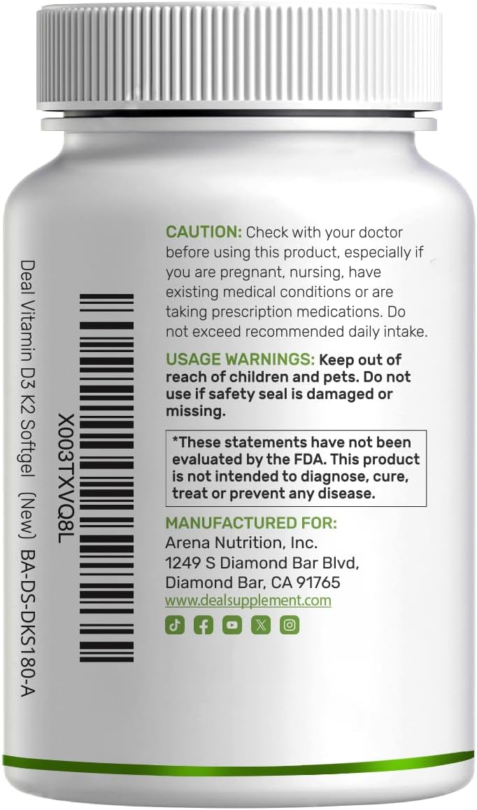 DEAL SUPPLEMENT Vitamin D3 5,000 IU + K2 MK7 Softgels, 250 Count | 2-in-1 Complex | Easy to Swallow