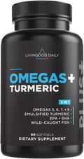 Livingood Daily Omega 3 6 9 Plus Turmeric Curcumin Supplement, 60 Softgels - Fish Oil Omega 3 Supplements (EPA & DHA) for Men and Women - Brain, Joint, and Metabolism - Made in USA