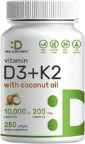DEAL SUPPLEMENT Vitamin D3 10,000 IU + K2 MK7 200mcg Softgels, 250 Count | 2-in-1 Complex with Virgin Coconut Oil | Easy to Swallow