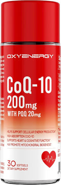 OxyEnergy Coq 10 200mg with PQQ, High Absorption Coenzyme Q10 with BioPerine, Gluten Free, Coenzyme Q10 Supplement for Heart Health&Energy Support, 30 Softgels, 30 Day Supply