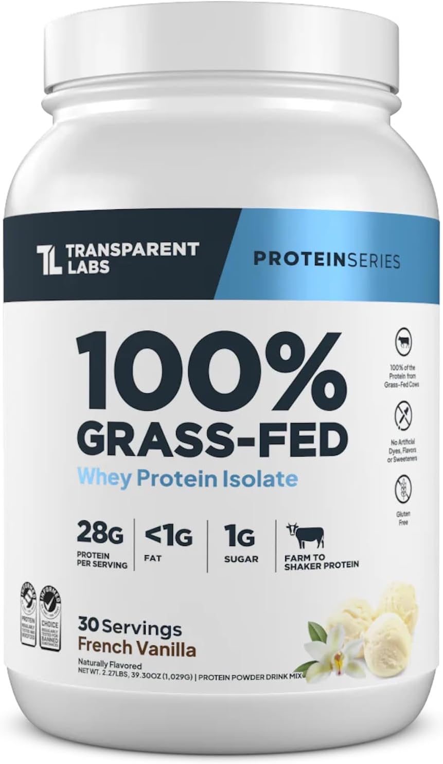 Transparent Labs Grass-Fed Whey Protein Isolate (30 Servings, French Vanilla) & Grass-Fed Whey Protein Isolate (30 Servings, Oatmeal Chocolate Chip Cookie)