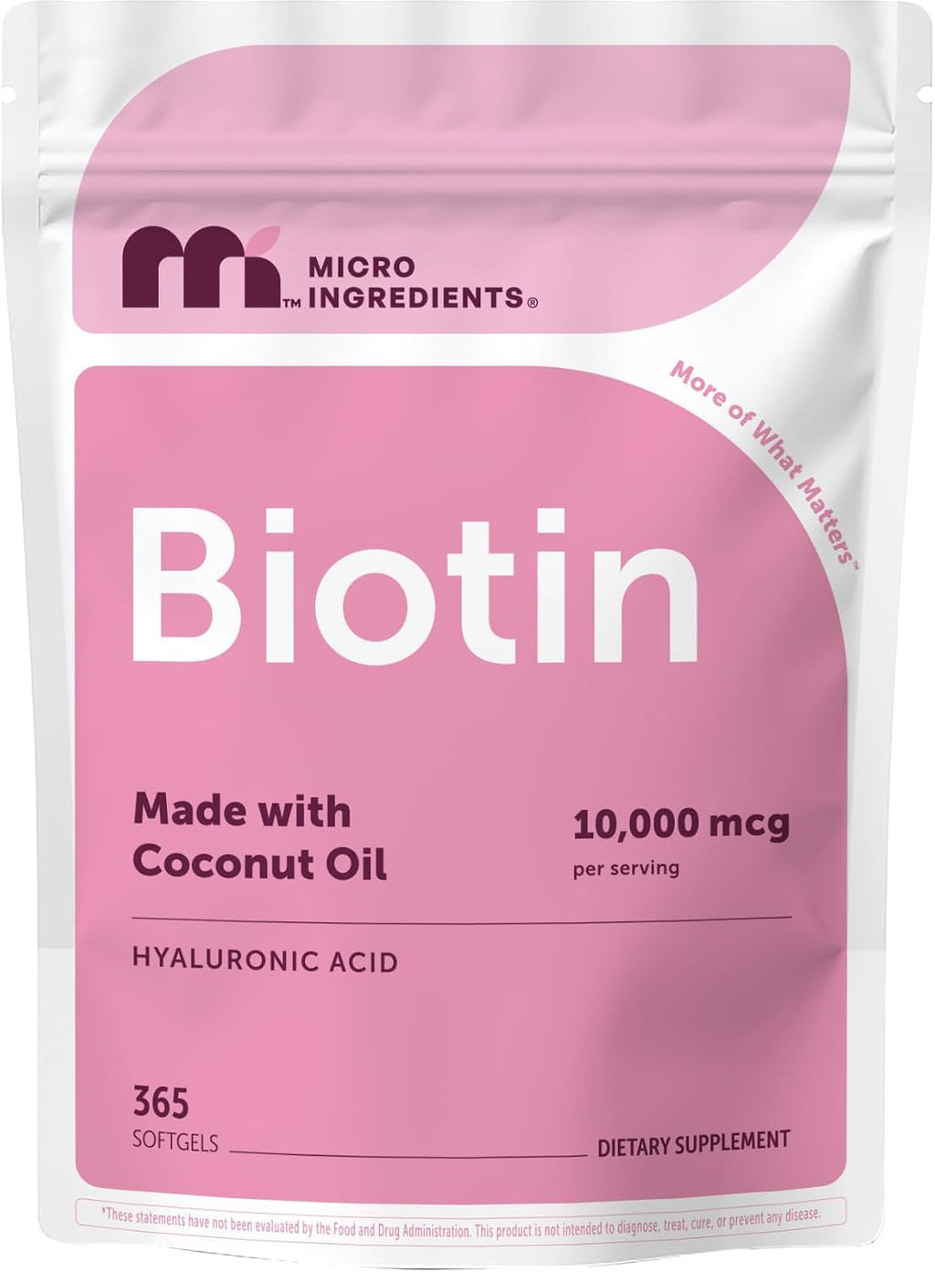 Micro Ingredients Biotin 10,000 mcg with Hyaluronic Acid 25 mg Per Serving | Made with Coconut Oil | 365 Softgels | 1 Per Day | One Year Supply | Non-GMO & Gluten Free
