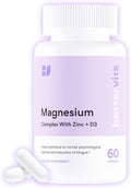 Bettervits Magnesium Glycinate Complex with Citrate Malate Zinc & Vitamin D3 | High Absorption Pure Magnesium 225mg Supplement Chelated Formula for Muscle Relaxation, Sleep Support – 60 Capsules