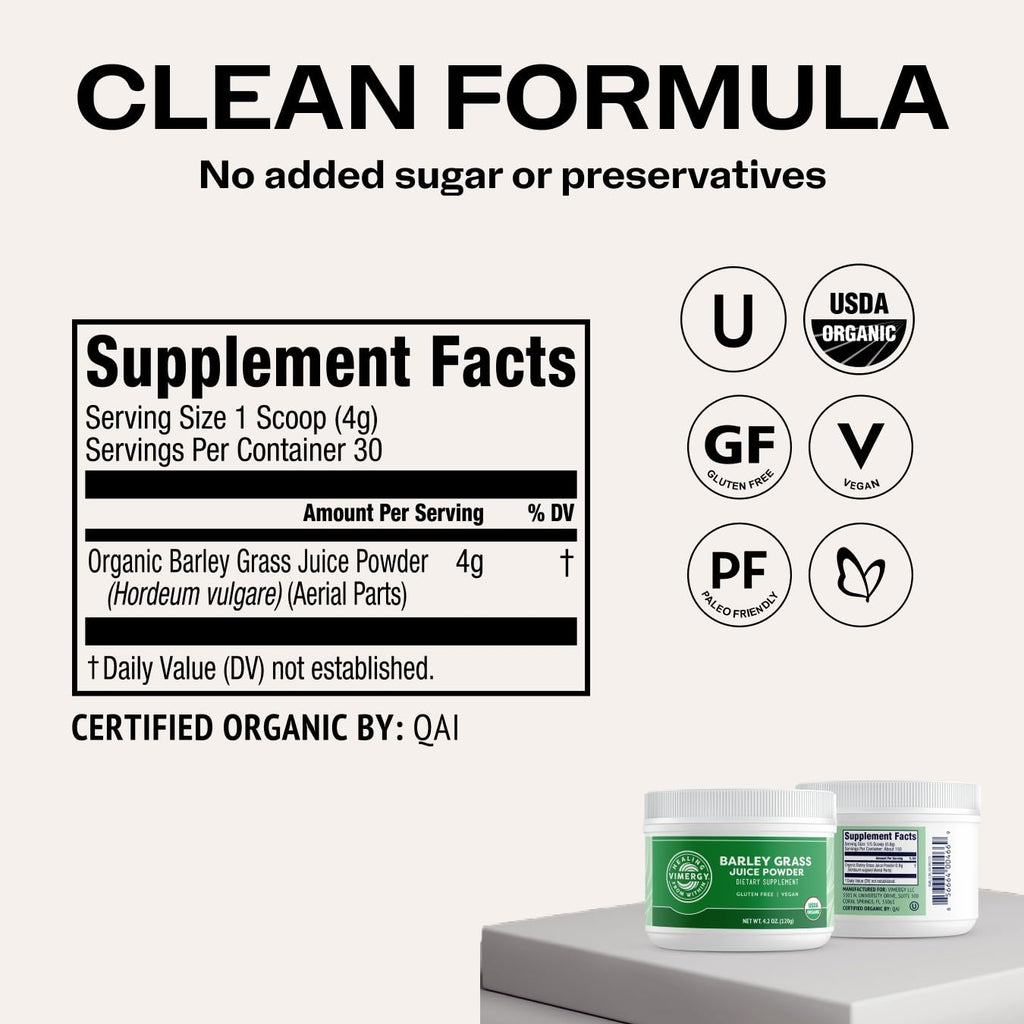 Vimergy Barley Grass Juice Powder Dietary Supplement - 4g per Serving (62 Servings) – Clean Superfood – Promotes Cardiovascular Health* – Organic, Vegan & Gluten-Free – Regular Size 250g