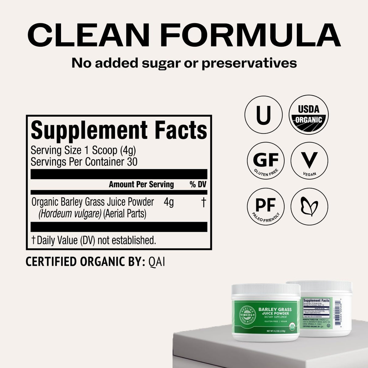 Vimergy Barley Grass Juice Powder Dietary Supplement - 4g per Serving (62 Servings) – Clean Superfood – Promotes Cardiovascular Health* – Organic, Vegan & Gluten-Free – Regular Size 250g