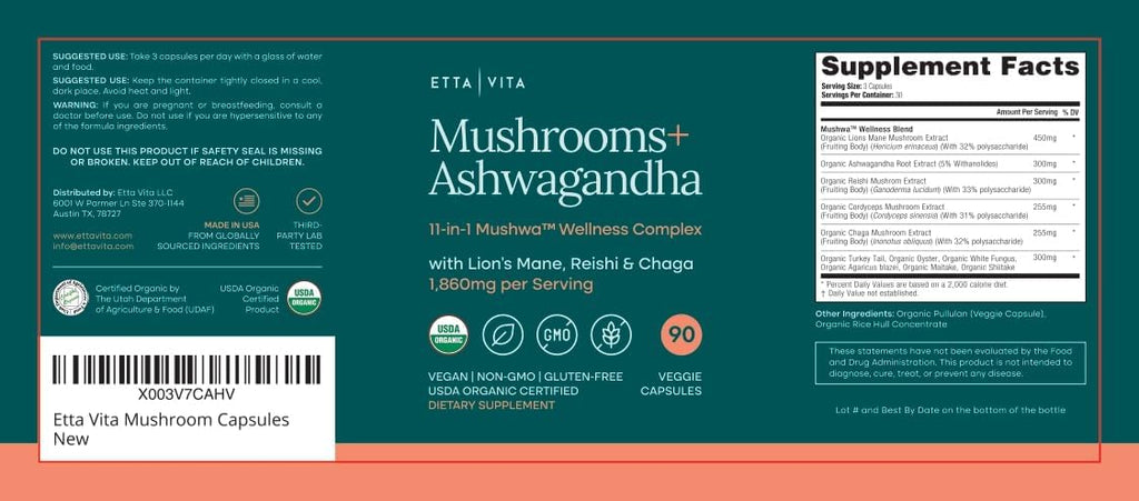 USDA Organic Lions Mane Supplement Capsule, 11-in1 Mushroom Complex 90ct | 10x adaptogenic mushroom supplement with ashwagandha, chaga, reishi, cordyceps, turkey tail, support energy, focus & immunity
