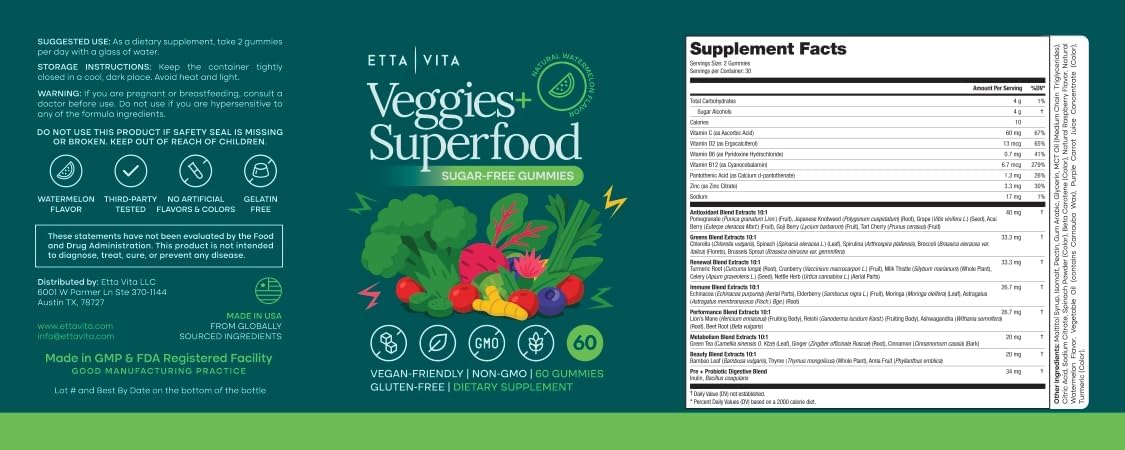 Sugar-Free Fruits and Veggies Gummies with Vitamins & Minerals (120 Chews) | Nutrient rich super greens gummies as digestive & probiotic blend for antioxidant & energy support, vegan, gluten-free, USA