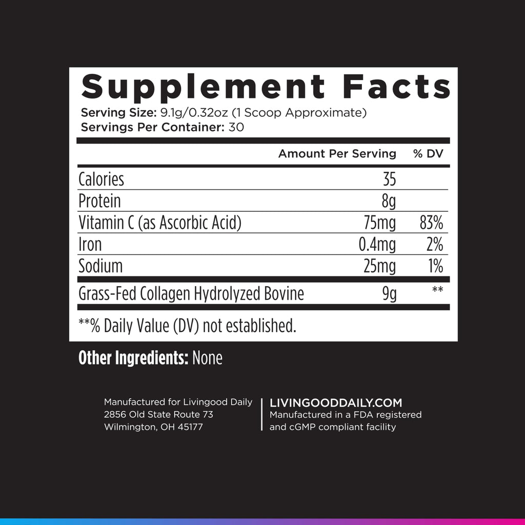 Livingood Daily Vanilla Collagen Powder for Women & Men, Hydrolyzed Collagen Peptides Powder with Vitamin C, Protein with 20 Amino Acids, Type I & III, Grass Fed, Keto, Paleo, Gluten Free, 30 Srvgs