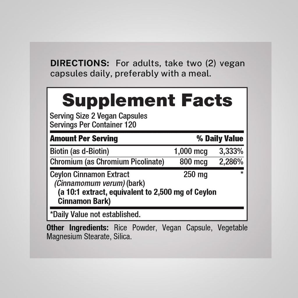 Piping Rock Ceylon Cinnamon Capsules | 120 Pills | Complex Supplement with Chromium and Biotin | Vegetarian, Non-GMO, Gluten Free