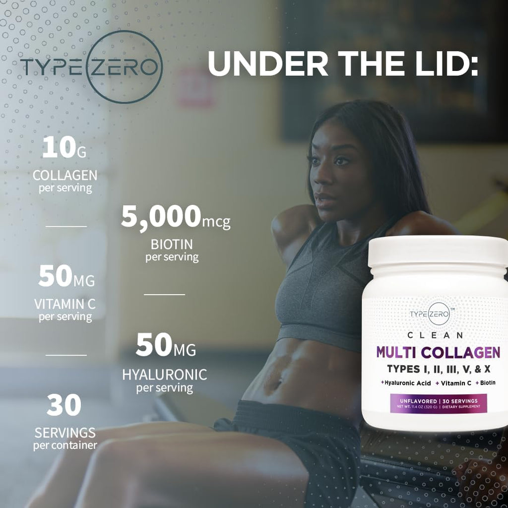 Type Zero Multi Collagen Powder 30 Servings (Unflavored) - Types I, II, III, V, & X Collagen Peptides + Hyaluronic Acid, VIT C, Biotin