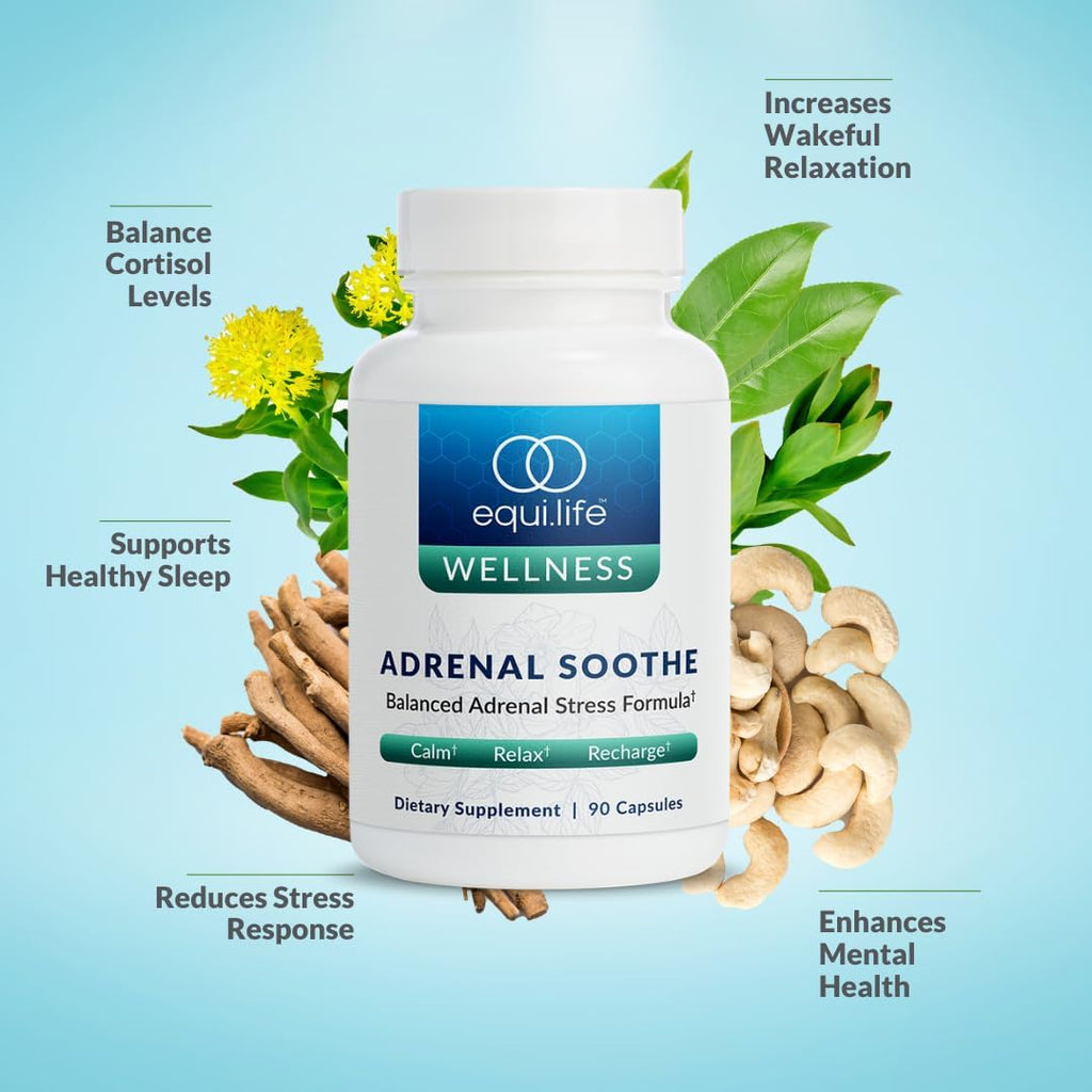 Equilife Adrenal Soothe - Balance Cortisol & Sleep Support - 90 Capsules | Ashwagandha | L-Theanine | Mental Health Support | Supplements for Men & Women | Gluten Free | Vegan | Dairy Free | Non-GMO