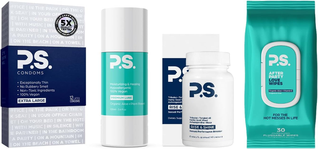 PS Allstar Bundle - 12-Pack of XL Thin Latex Condoms for Men, Afterparty Oversized Adult Flushable Wipes, Organic Personal Lubricant, and All Natural Testosterone Booster