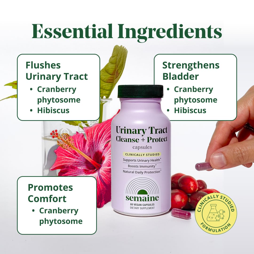 Semaine Urinary Tract Cleanse & Protect - Urinary Tract Health for Women, Cranberry Supplement for Women with Standardized Hibiscus, Daily Bladder Support Supplement, 30 Vegan Capsules
