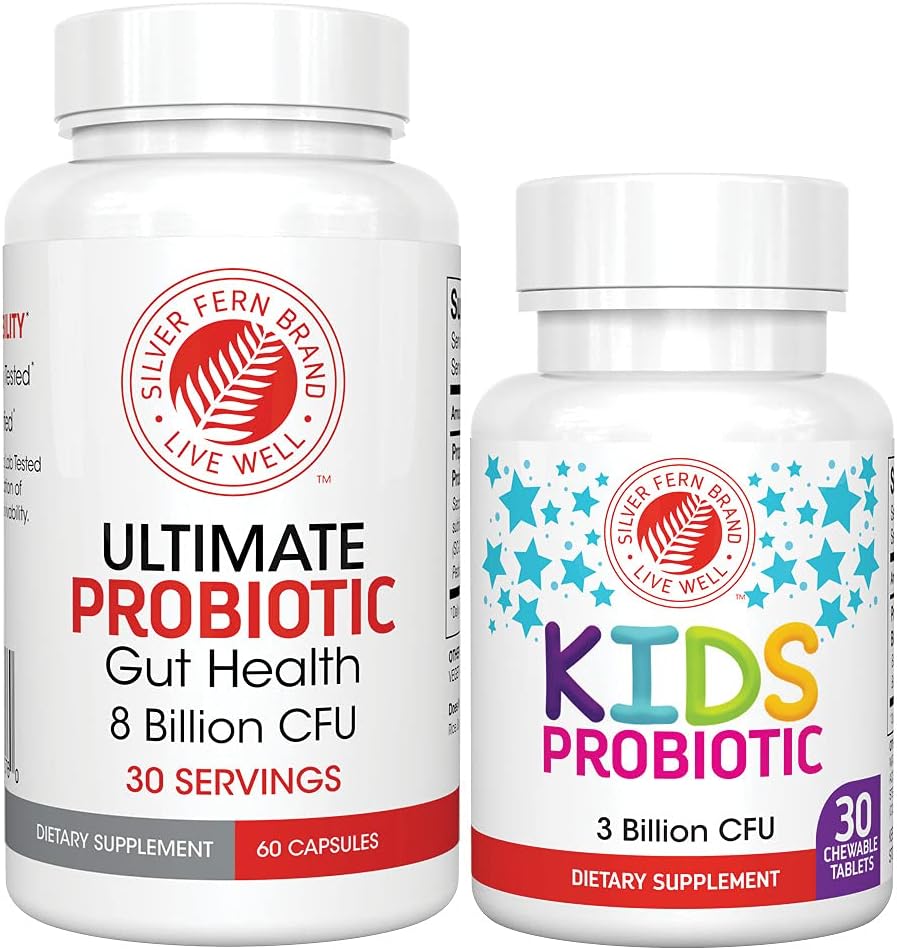 Silver Fern Brand Family Probiotics - Ultimate Adult Probiotic | (1 Bottle = 60 Capsules) Plus Ultimate Children's Probiotic for Kids (1 Bottle = 30 Chewables) Gut-Health Microbiome Support