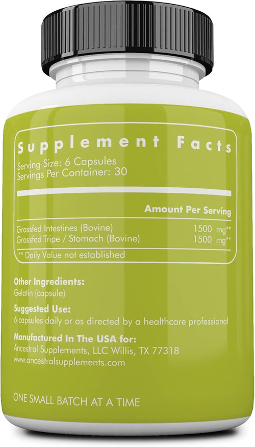 Ancestral Supplements Beef Intestines Capsules, Digestion Support, 180 ct | Natural digestive enzymes in this tripe supplement support acid reflux comfort, gut, intestine and digestive health.