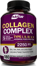 NutriFlair Multi Collagen Peptides 2250mg - Type I, II, III, V, X - Collagen Supplements Complex Powder Pills for Women and Men - Hydrolyzed Protein, Healthy Hair, Skin, Nails - Non-GMO (180 Capsules)