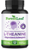 ForestLeaf L Theanine Supplement - L-Theanine 200mg with Ashwagandha and Magnesium for Focus, Stress Relief & Relaxation - Non-GMO & Gluten Free - 100 Caps