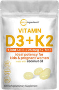 Micro Ingredients Vitamin D3 1,000 IU + K2 MK-7 25 mcg, 300 Softgels | Virgin Coconut Oil | 2-in-1 Bone, Immune & Heart Support | Easy to Swallow, Non-GMO
