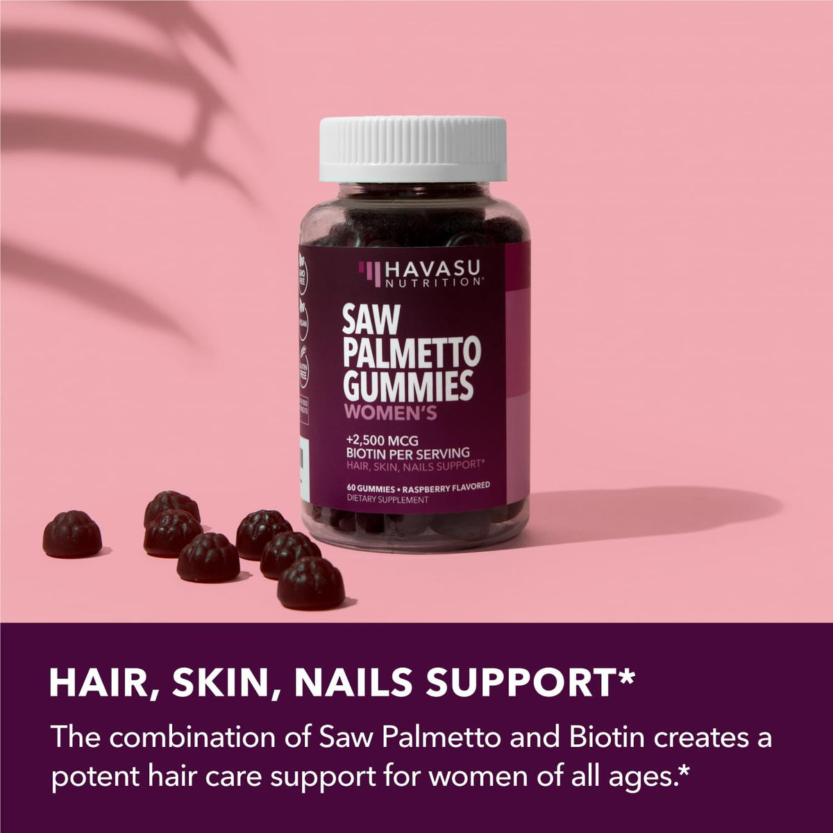 Saw Palmetto Gummies for Women, Raspberry, 60ct, 2500mcg Biotin | DHT Blocker & Hair, Skin, Nail Health Gummies, Supports Stronger-Looking Hair, Raspberry Flavor, 1 Month Supply
