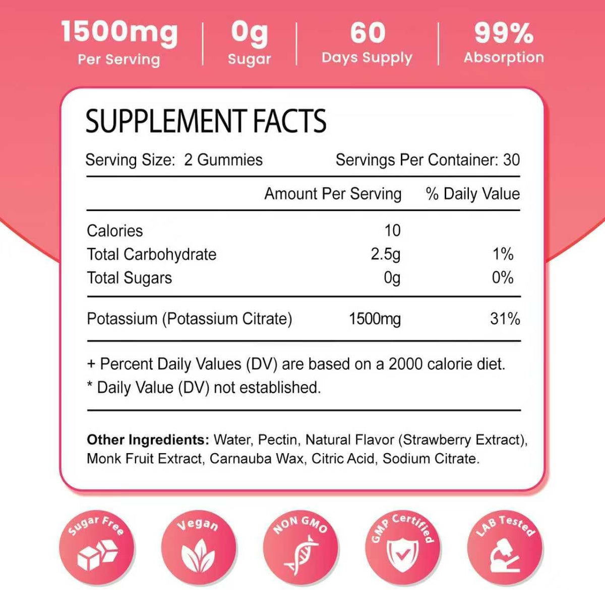 2 Pack Potassium Gummies for Adults Women & Men, Potassium Citrate Supplement, Support Leg Cramps, Muscle Health & Electrolyte Balance, Sugar Free, Organic, Vegan, Strawberry, 120 Cts