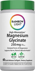Rainbow Light Magnesium Glycinate 250 mg | 60 Softgels | High Absorption | Supports Nerve, Bone, & Muscle Health | Chelated Form of Magnesium | Non-GMO and Gluten Free