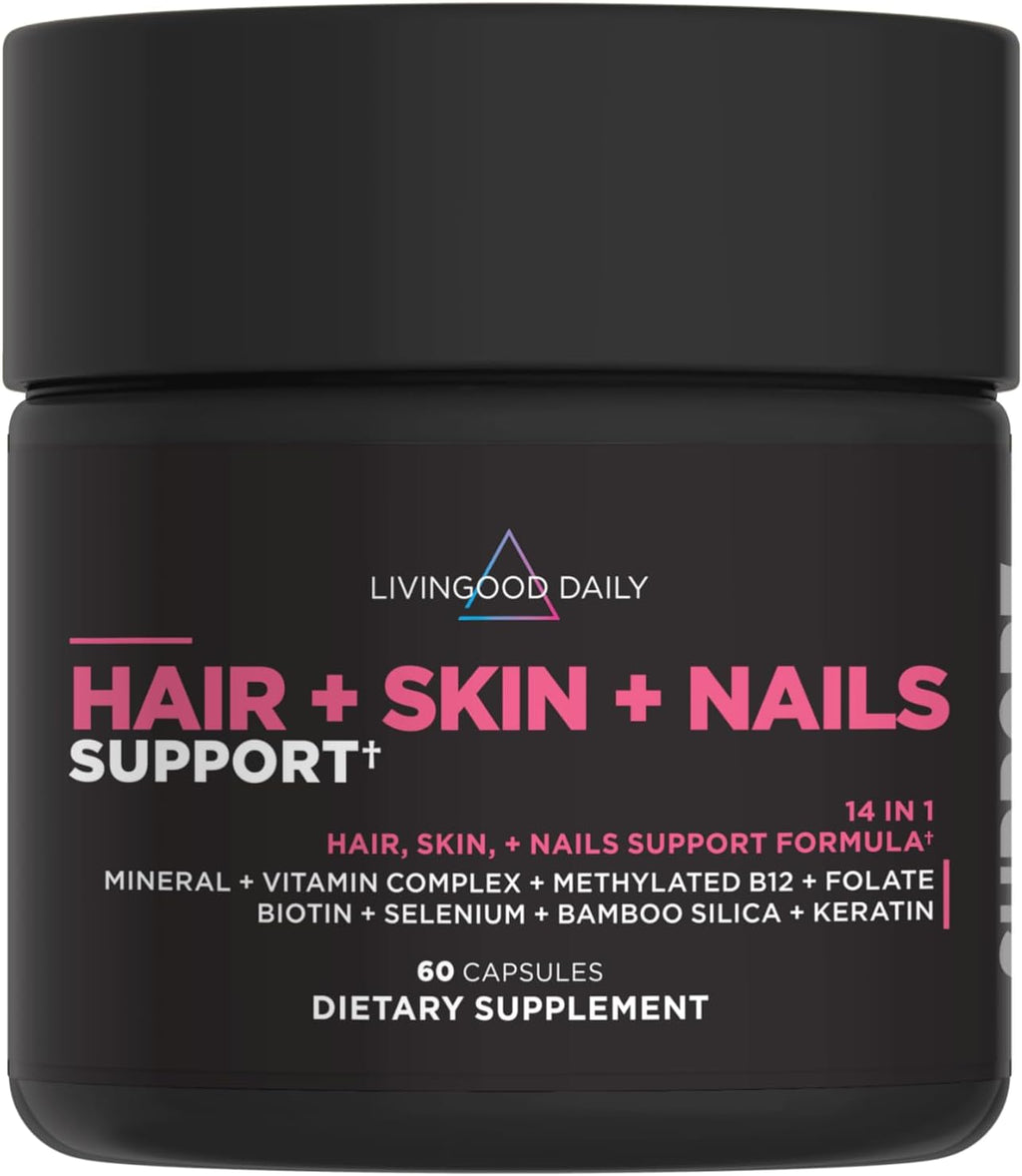 Livingood Daily Hair, Skin & Nails Supplement, 14-in-1 Formula with Biotin, Collagen, Keratin, Bamboo, Selenium, Folate, B12, Zinc and More, Beauty Supplement for Women & Men, Gluten Free, 60 Capsules