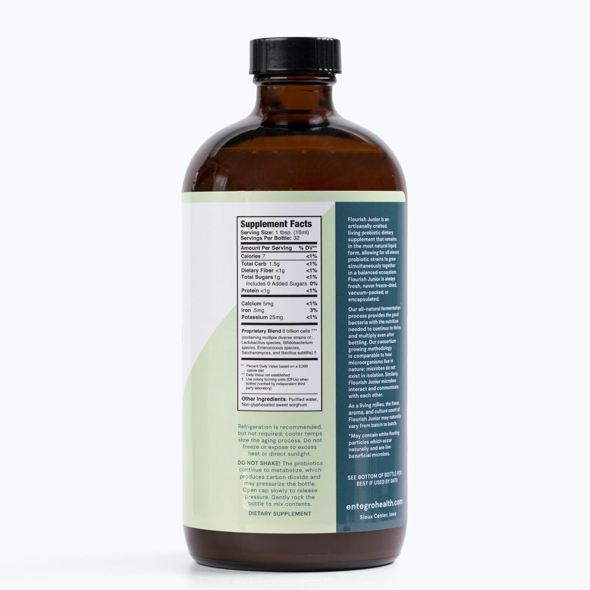 ENTEGRO Flourish Junior Liquid Probiotic & Postbiotic Supplement, Plastic | 11 Live Cultures, Gut & Digestive Health For Women, Men & Kids, Organic, Vegan, Allergen Free, Non-GMO, USA Made, 16 fl oz