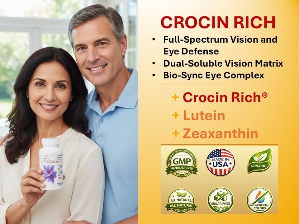 Eye Health Supplement for Vision, Macular & Eye Pressure | Crocin Rich 60CT | 75% High-Purity Crocin; Saffron's Key Bioactive; Standardized Formula; Lutein & Zeaxanthin; Visual Acuity; Retinal Health