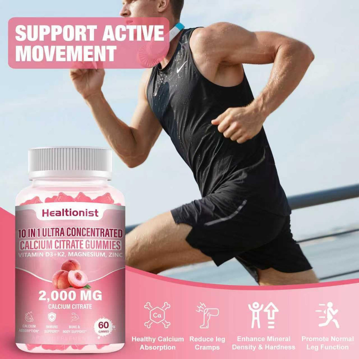 2 Packs 2000mg Calcium Citrate with Vitamin D3 K2 Supplements Gummies for Women & Men, Magnesium, Zinc, High Absorption, Bone, Muscle & Immune Support, 120 Counts Peach Flavor Gummies
