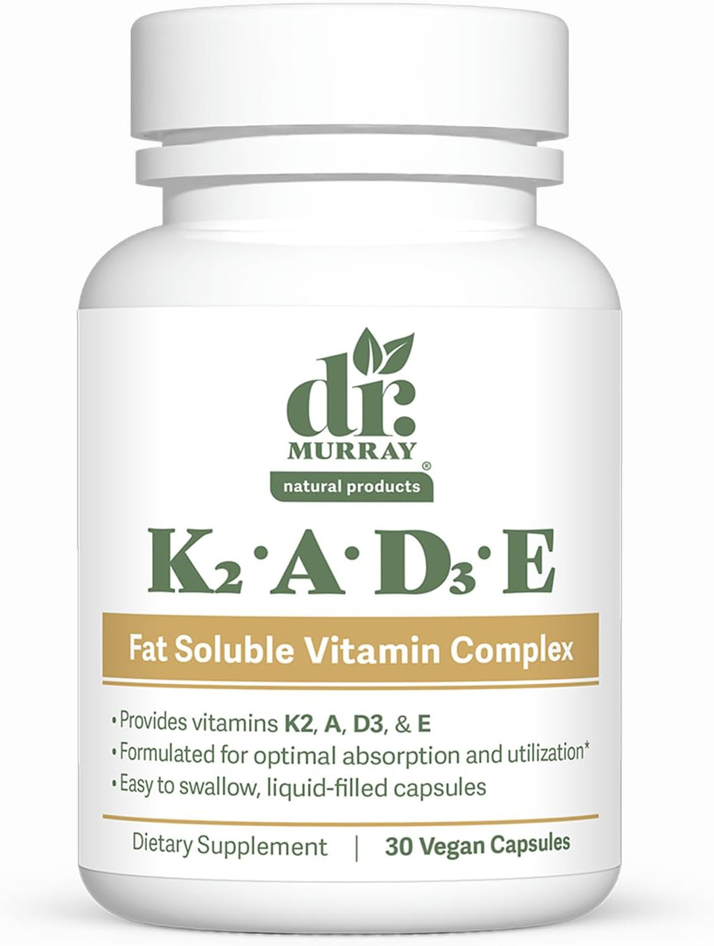 Dr. Murray's Vitamin K2-D3-A-E Liquid Vegan Capsules - Synergistic Fat-Soluble Blend | Bone, Vascular & Immune Support | Third-Party Tested | Clean Formulation | No Artificial Additives | 30 Count