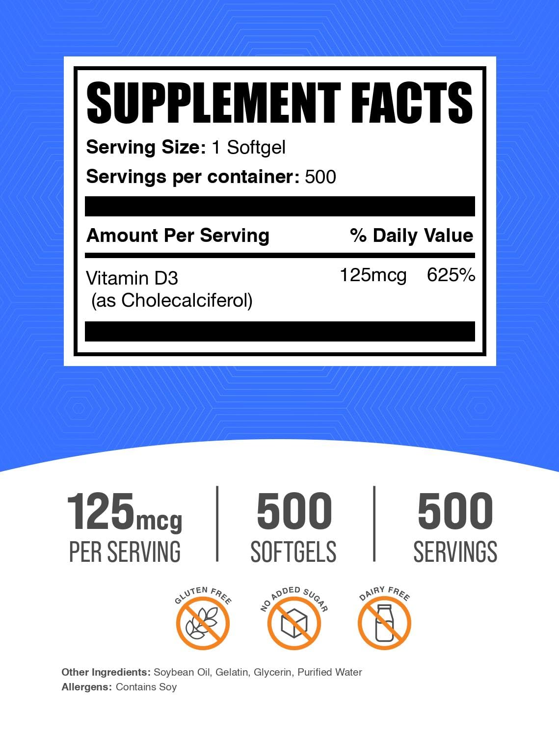 BulkSupplements.com Vitamin D3 5000IU Softgels - Cholecalciferol, D3 Supplement, Vitamin D 5000 IU - 1 Vitamin D3 Softgel (125mcg of Vitamin D) per Serving, 500 Count (Pack of 1)