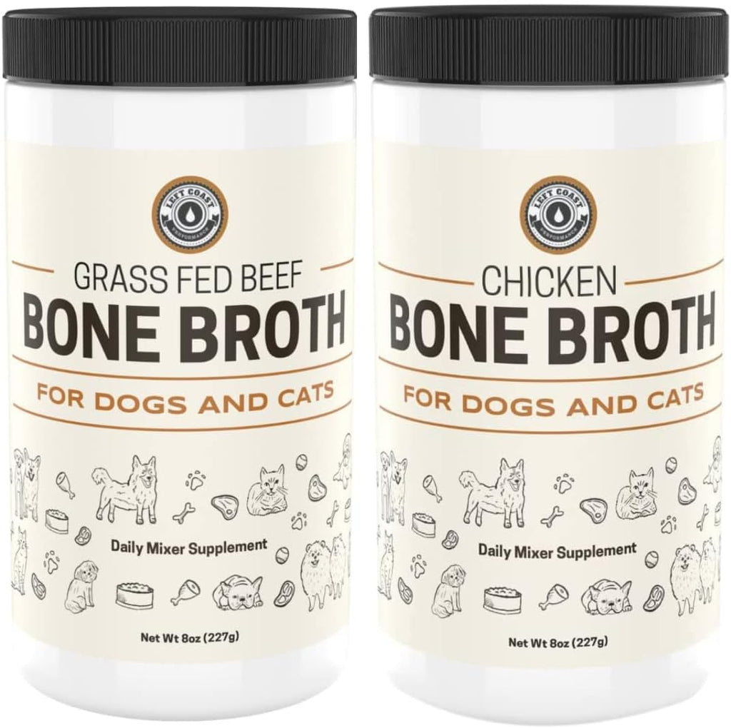 Beef and Chicken Bone Broth Powder Combo for Dogs and Cats – Human Grade Grass-Fed Bone Broth for Picky Eaters – Supports Joints and Gut Health – Dog Food Toppers